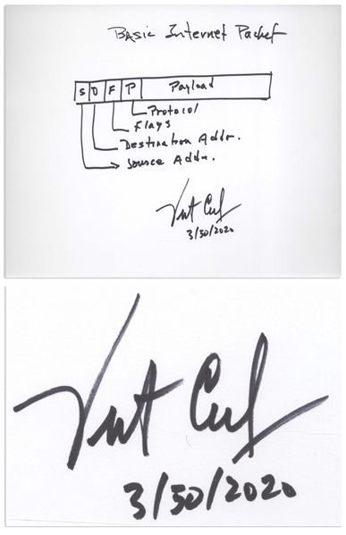 Vint Cerf Signed Sketch of a Basic Internet Packet -- Cerf Is One of Two Men Credited With Inventing the Internet